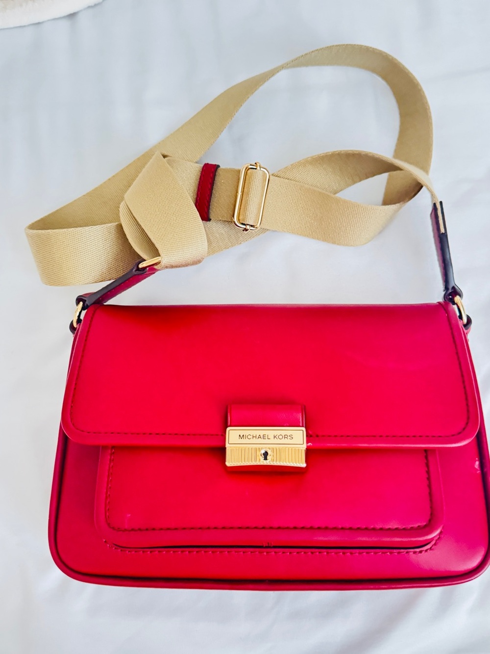 Michael Kors Bright Red Leather Crossbody with Beige Canvas Strap
